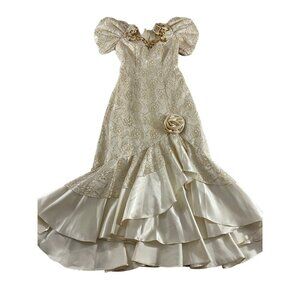 Vintage Mike Benet Formals Ivory Puff Sleeves Gown With Gold Trim - Small